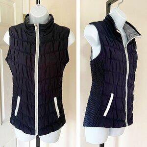 Christopher & Banks High Neck Stretch Full Zip Quilted, Stripe Lined Vest Navy S